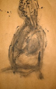 Pregnant pixie with sprezzatura, reed pen drawing by William Eaton, 2019