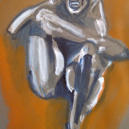 Gouache by William Eaton, Dec 2018, on kraft paper, from Milton Greene photo of Marilyn Monroe (Black Sitting, 1956)