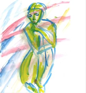 Accroupie en jaune, avec du rouge, watercolor by William Eaton, 2020