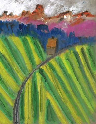 Irgendwo über Gersau, watercolor on cardboard, after A Fassotte photo, by William Eaton, 2020