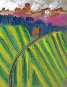 Irgendwo über Gersau, watercolor on cardboard, after A Fassotte photo, by William Eaton, 2020