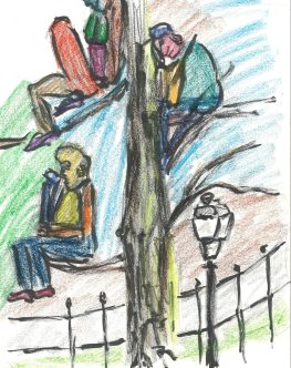 Treed but good, crayon drawing by William Eaton, 2020