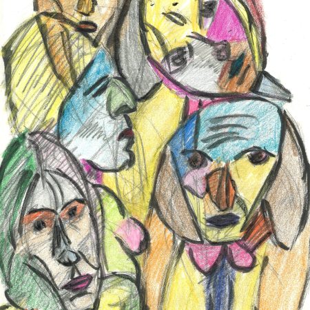 Valentina's faces, more or less, by William Eaton, with crayons, May 2020 - 1