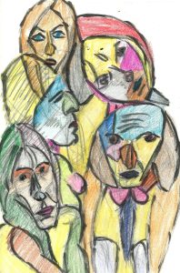 Valentina's faces, more or less, by William Eaton, with crayons, May 2020 - 1
