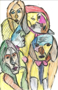 Valentina's faces, more or less, by William Eaton, with crayons, May 2020 - 1