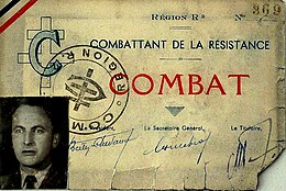 Carte d'identité d'un résistant Combat actif à Marseille, (Région R2)
