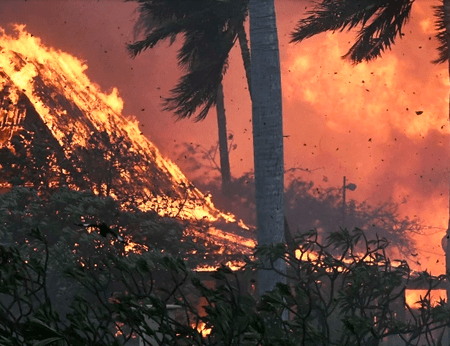Maui fire, church burning - photo by Matthew Thayer, AP, cropped