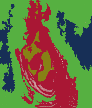 a sort of scarlet devil in a swirling green and blue universe - artwork by William Eaton, 2024