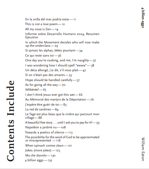 Some of the contents of the book "4 billion eggs" by William Eaton, 2024