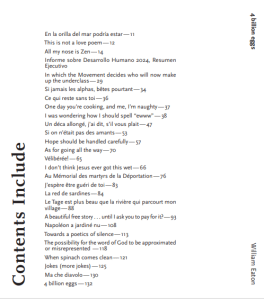 Some of the contents of the book "4 billion eggs" by William Eaton, 2024