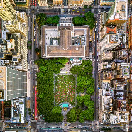 Aerial view looking down on New York City's Bryant Park, midtown Manhattan, photo from Olin Design Studio