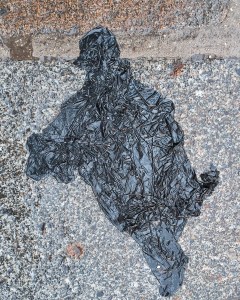 Photo by William Eaton, 2024, of plastic bag stuck to Paris sidewalk